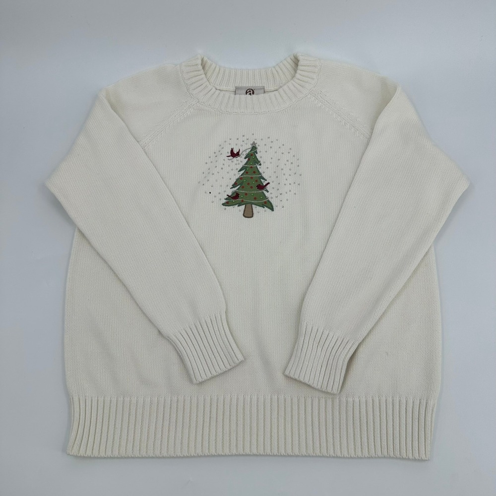 Artisans Christmas Sweater Embroidered Tree 90s Vintage Women Large Cream White